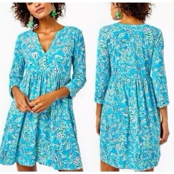 Lilly Pulitzer LORAN Swing Dress In Turquoise Oasis Outta Line print Size Medium - Picture 1 of 6
